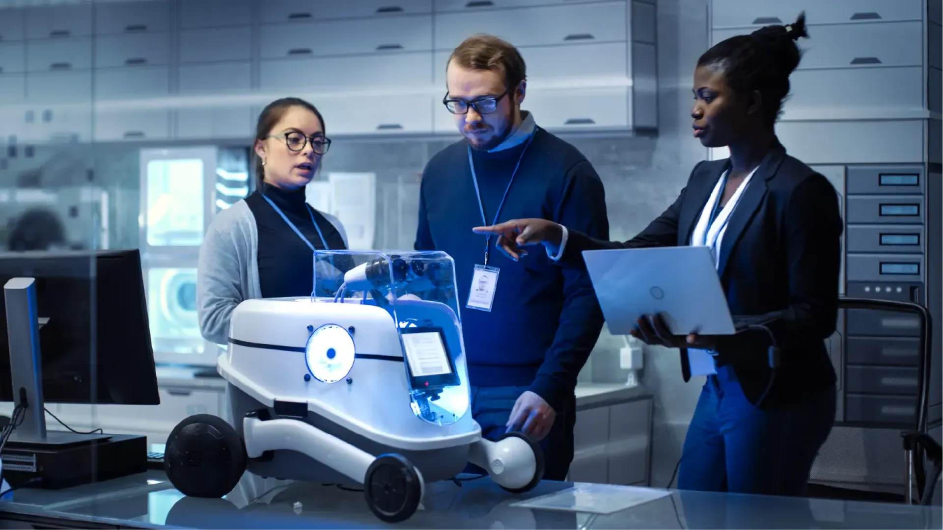 Three engineers wearing lanyards in a sleek modern facility gathered around a small black and white wheeled robot.