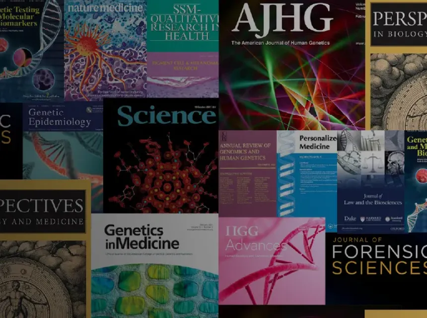 Collage of research journal covers in the fields of science, law, and genetics.