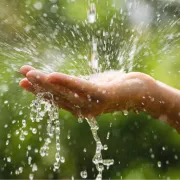 Extended hand catching splashing water.