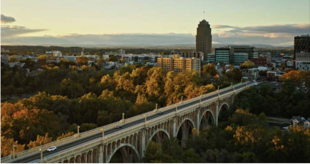 Aerial view of Allentown, PA in the fall.