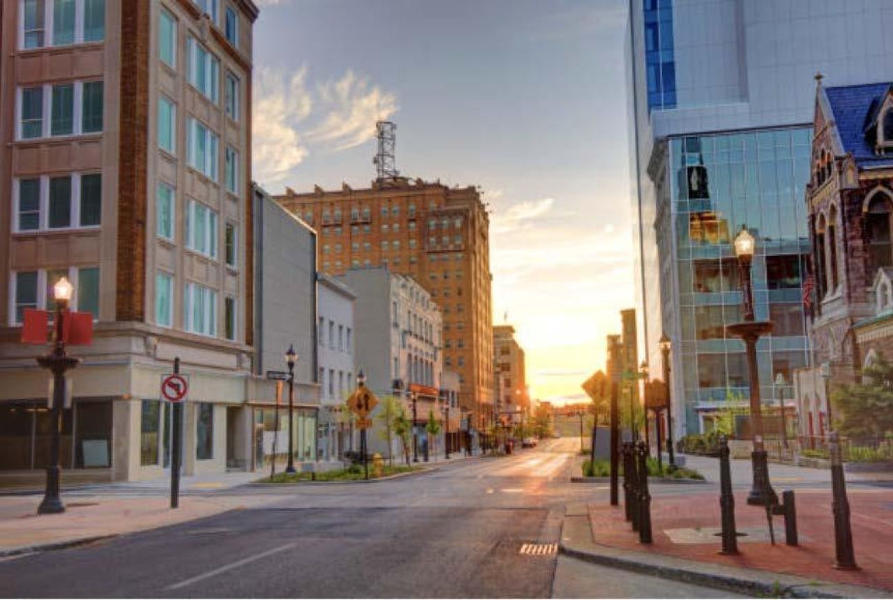 Downtown Allentown with low sun.