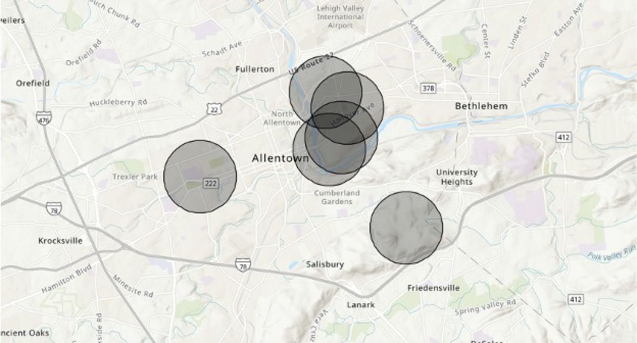 Map shows areas of community engagement in Allentown, PA.
