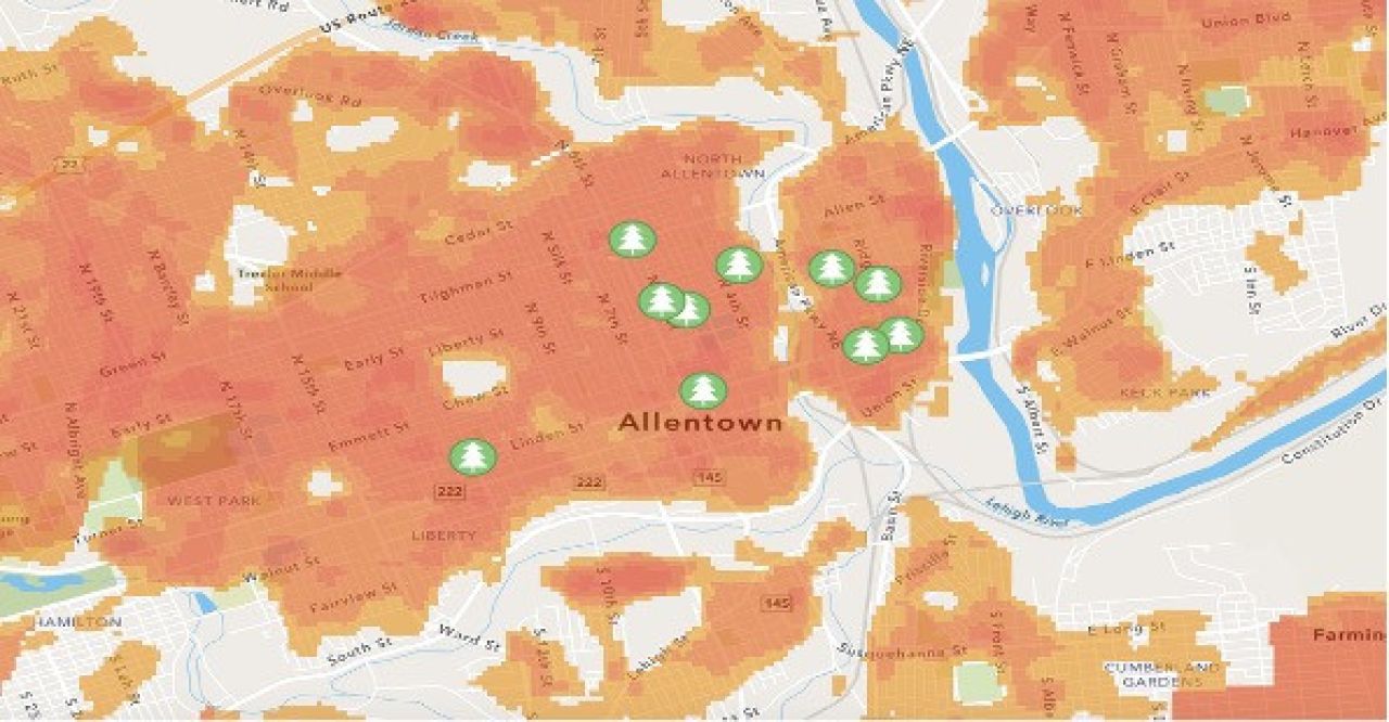 Heat map of Allentown, PA with areas of tree planting priorities.