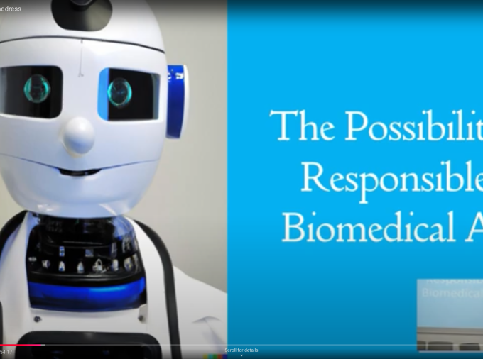 Friendly android beside text reading, "The Possibility: Responsible Biomedical AI."